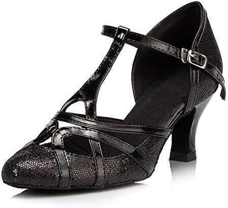 HIPPOSEUS/ Женски Лъскави обувки за Салса, Танго, Балните латино танци с Т-образно каишка, Ток 7 см, Черни, Модел 2040, размер на 5,5