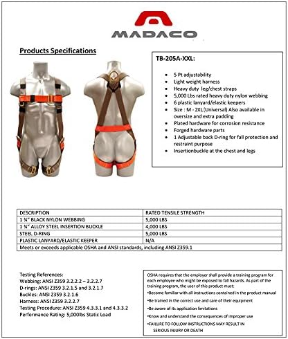 Покривна Madaco Защита от падане на Тежкотоварни каишка индустриална сигурност за цялото тяло Размер M-XXL ANSI OSHA H-TB-205A-XXL