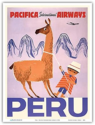 Перу - Pacifica International Airways - Момче-Туземец с Лама - Ретро Туристически плакат на 1950-те години - Художествена печат 9 x