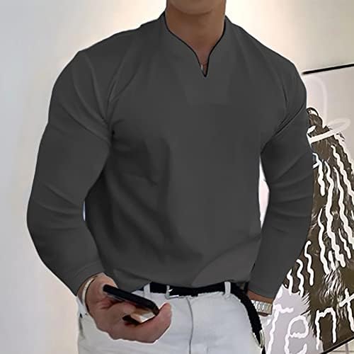 WOCACHI, Мъжки Ризи Henley с V-образно деколте и дълъг ръкав, 2023, Облегающая бизнес Ежедневни тениска, леки Блузи без яка