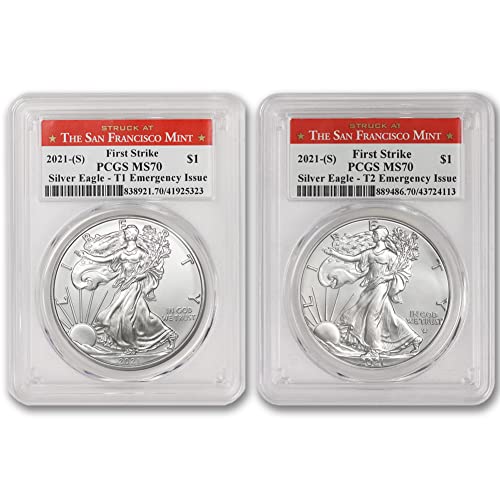 2021 Набор от (2) монети американски сребърен орел MS-70 по 1 унция MS-70 (Тип 1 и Тип 2 - на Първия удар - Спешно съобщение -