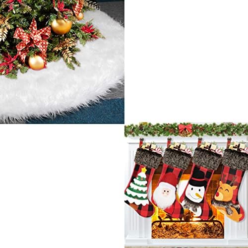5 Опаковки Коледна Украса - 48Бяла Пола в коледна елха от изкуствена Кожа и 18Дълги Чорапи от Бъфало, декорация за Коледната Домашно парти
