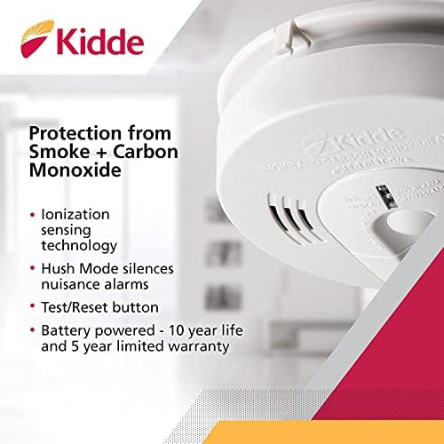 Детектор за дим Kidde, построена с резервната батерия и връзка, Батерия в комплекта, Детектор за дим и въглероден окис, Захранван от