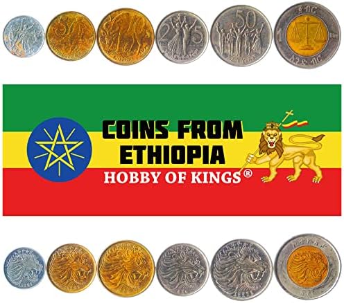 6 Монети от Етиопия | Набор от етиопски монети Колекция 1 5 10 25 50 Сантима 1 Бирр | В обращение 1977-2020 | Лъв | Везни | Бик | Ньяла