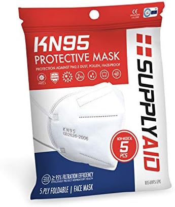 Маска за лице SupplyAID RRS-KN95-5PK KN95 за защита от прах ФПЧ2,5, цветен прашец и замъгляване, 5 опаковки, бяла
