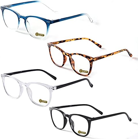 4 опаковки очила за четене LUFF за мъже и жени - синя светлина, блокиране на компютърни ридеры, удобен, здрав пружинен шарнир за далекогледство