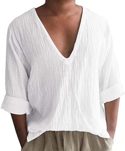 Мъжки ризи BEUU от памук и лен с V-образно деколте, есенна плажната тениска за почивка с дълъг ръкав Свободно, намаляване,