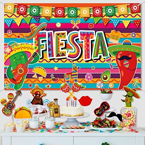 Банер за парти Фиеста, Фон за Снимки на тема Fiesta с Подпори за Фотобудки 16 бр., Декорации за Мексикански партита Fiesta,