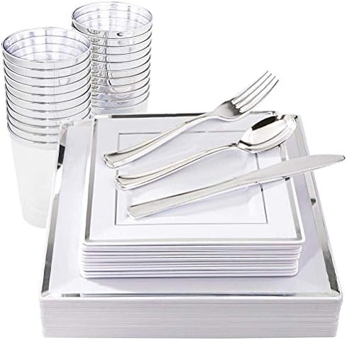 I00000 150 Сребърни Квадратни чинии за Еднократна употреба и прибори от сребро и Пластмасови Чаши, Сребърен Пластмасови Прибори