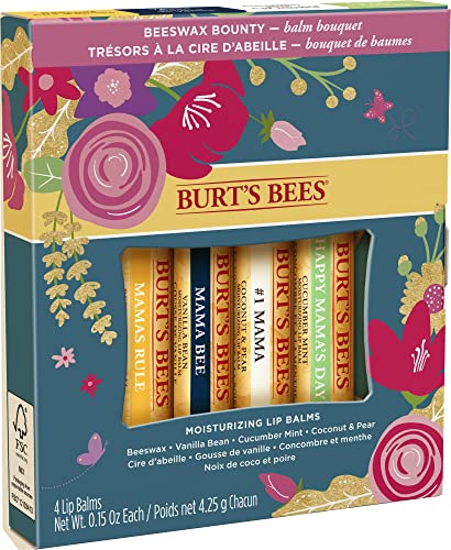 Подаръци бърт Bees, 4 Балсама за устни, Пролетта набор от Balm Bouquet - Класически Пчелен Восък, на Боб, Ванилия, Краставица и мента Кокосови