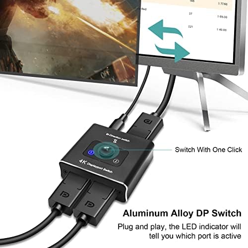 TOGOHOP 4K DisplayPort Switch Сплитер, Двупосочен превключвател DP 1.4 2 в 1 Изход/1 2 изход Поддържа Съвместимост с хост монитора