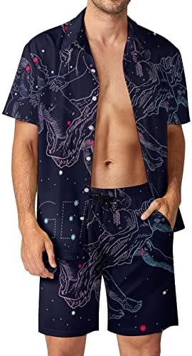 Мъжки Плажни дрехи, Близнаци Zodiac Съзвездие от 2 теми, Хавайска Риза с копчета с Къс ръкав и къси Панталони, Костюми