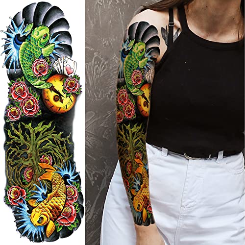 Реалистични Цветни Временни Татуировки На Ръкавите, Акварел Татуировка на цялата ръка във формата На Риба Кон за Хелоуин, Фалшива