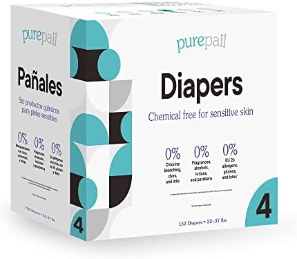 Пелени за еднократна употреба PurePail — Размер 4 — 22-37 паунда — Не съдържат химикали, за чувствителна кожа — Без мирис —