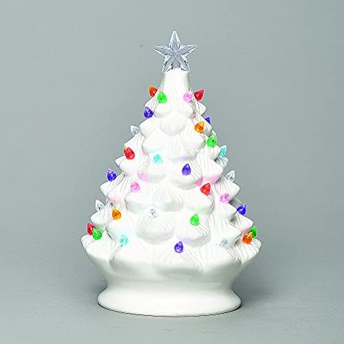 Римска Коледна бяла реколта на коледната елха със светлини, 13,5 H, Коледна колекция, Керамика, Работи на батерии, Вдъхновяваща, с