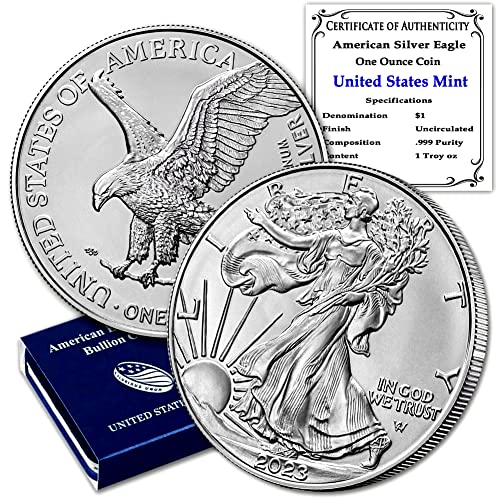 2023 Сребърни монети, в кюлчета American Eagle с тегло 1 унция, Лъскава, без лечение, в Оригиналната кутия, Монетен двор на Съединените Щати