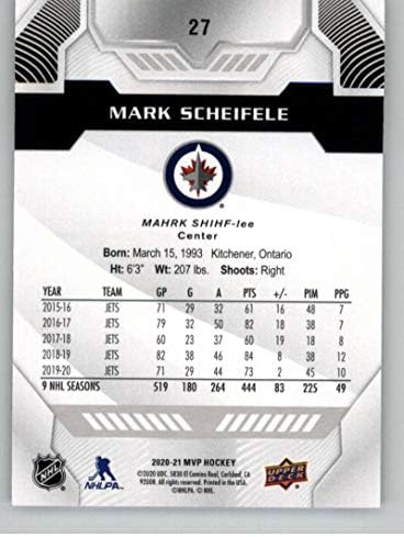 За MVP на горната част на палубата 2020-21 Сребърен сценарий 27 Марка Шейфеле Уинипег Джетс Хокейна карта НХЛ