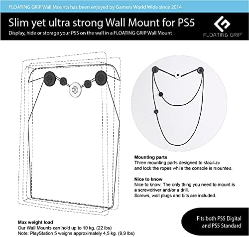 Решение за монтиране на стена на Playstation 5 от FLOATING GRIP - елегантен монтажен комплект за окачване на игрова конзола PS5 на стена (стандартно: подходящ за PS5, черен)