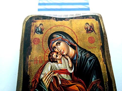 Дървена гръцката православна икона на Дева Мария и Исус Христос от Дърво / A0