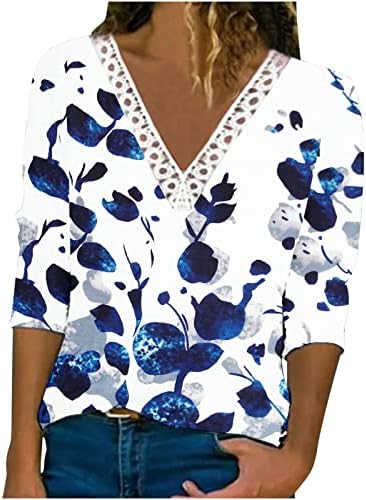 Дамски Модни Тениска С Флорални принтом, V-образно деколте, Възли на една Кука Дантелени Блузи, Ежедневни Блузи с Ръкави 3/4,