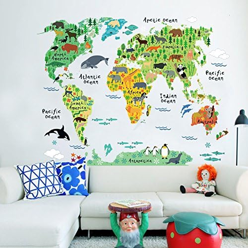Стикер за стена с карта на света на животните (60 см.-Ширина 90 см), LoveQmall, Стикери за стена, Водоустойчив Сменяеми Етикети