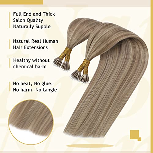 Косата на заколках Sunny Забавно естествен косъм, Пепеляво кафяво микс златисто-кафяво връзка Нано Натрупване на човешки косъм блондинка