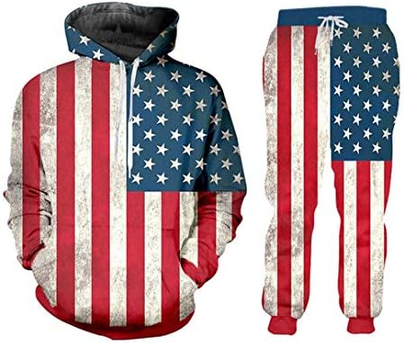 Ежедневни Градинска Hoody и Панталони с качулка на цип с 3D образа на Американския Флаг, Комплект от 2 теми, Пуловер С качулка, Мъжки/Женски