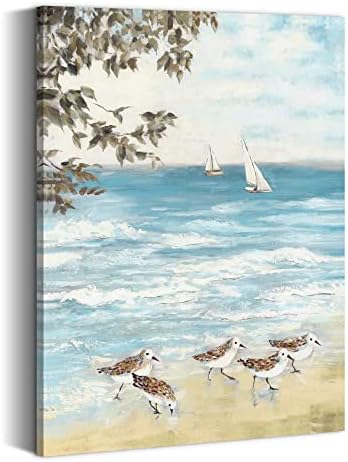 лятна мелодия Баня Плаж Платно Стенно Изкуство: Крайбрежната Картина с Морски Птици Абстрактно Океан Произведение на Изкуството