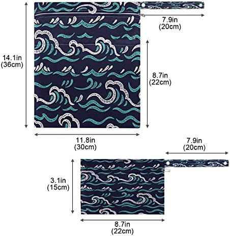 водоустойчив Влажна чанта xigua Sea Waves за Филтър на Пелени, да Пере Многократно Мокри и Сухи Чанти с 2 Джоба с Цип за Пътуване, Плаж,