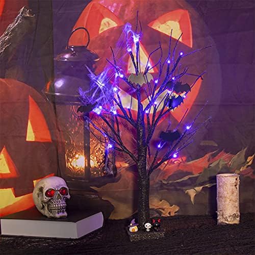 PEIDUO 2-подножието Черна коледна Елха на Хелоуин с 24 Лилави светлини и 8 Украса за Хелоуин в формата на прилеп Осветите Дърво Бонзай с Таймер