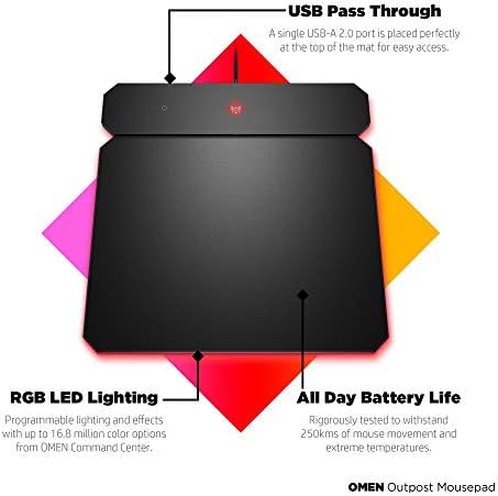 Геймърска подложка за мишка OMEN by HP Outpost с безжично зареждане Qi, адаптивни RGB и порт USB-A 2.0, (6CM14AA), черен (6CM14AAABL)