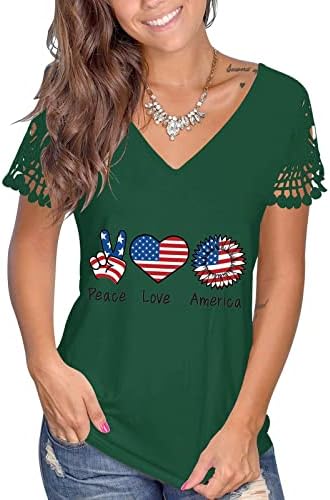 Тениска с V Образно деколте за Жени, Летни Блузи с Къс Ръкав, Ризи 4 Юли, Американското Знаме, Леопардовая Свободна Тениска С Кружевными