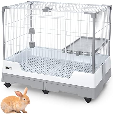 Клетка за зайци OIIBO Small Animal, 32 × 21 × 26 инча, Сгъваема Клетка за Зайци с Прибиращ Чекмедже и платформа на колела за Пор и Чинчила