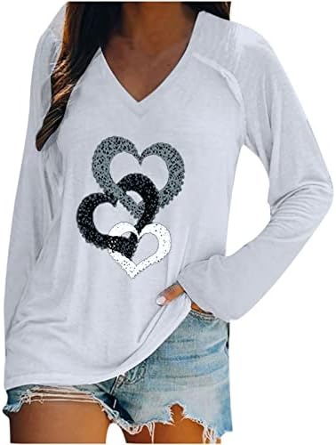 Тениски с дълъг ръкав за Жени, Блузи с V-образно деколте и Графичен Принтом във формата на Сърце, Туника, Основни Тениски, Блуза Свободно