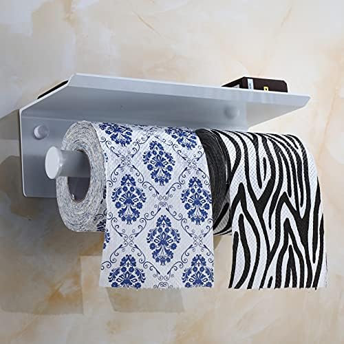 Държач за тоалетна хартия с две ролки с рафт + Куки за кърпи, Държач за Тоалетна хартия с рафт за мобилен телефон в банята, Без пробиване