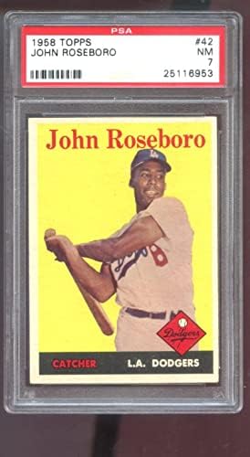 1958 Topps 42 Джон Розборо НАЧИНАЕЩИ RC PSA 7-Градуированная Бейзболна картичка MLB Dodgers - Бейзболни картички с надпис Slabbed