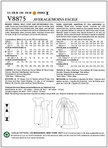 VOGUE PATTERNS V8875 Шаблон за шиене женски рокли /колан/Палто и подвижни яка, размер B5 (8-10-12-14-16)