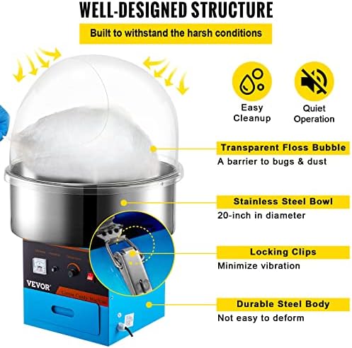 VBENLEM 20-Инчов Търговска Машина за приготвяне на захарен памук с капак 935 W Електрическа Машина за приготвяне на Захарен памук
