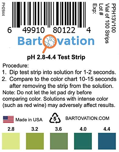 Тест-ленти pH за производство на вино, Домашно, Киселинност, от 2,8 до 4.4 pH [Флакон със 100 пластмасови ивици]