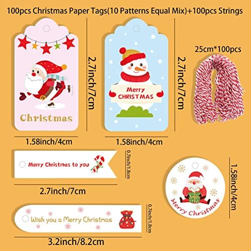 Коледни Етикети,100 Опаковки Цветни Коледни Подаръци Birk от Крафт-хартия с червена Памучна Връв за Декор Коледен подарък