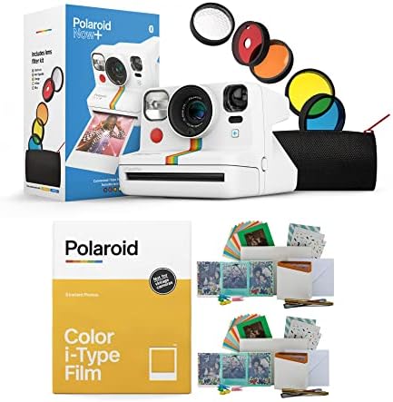 Polaroid Now + камера непосредствена печат (бяла) в комплект с цветен филм непосредствена печат и набор от филми (3 обекта)