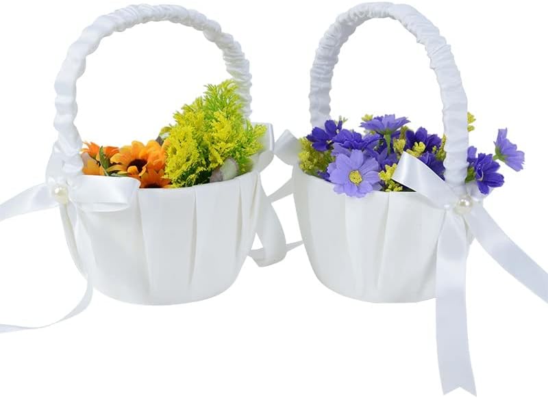 MIAOHY/ Бяла кошница с цветя модел за момичета, Коприна Сватбена Кошница за Булката с цветя модел/Детски Ръчни Аксесоари за Сватбени