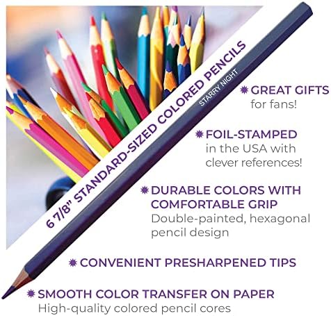 Комплект цветни моливи в стила на Ван Гог - Комплект от 12 моливи в стил постимпрессионизма - Всеки цветен молив проштампован фолио с упоминаниями