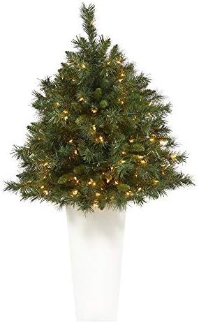 Почти естествени 4 фута. Изкуствена Коледна елха от смесени бор Уайоминг със 150 Прозрачни Крушки и 270 Гъвкави Клони в Саксии Tower, Бял