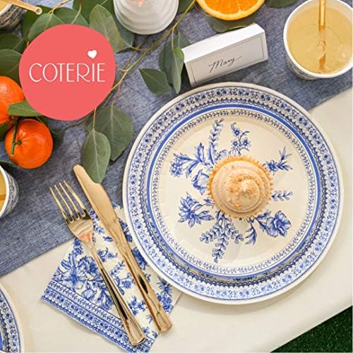 Хартиени чинии Coterie Blue с цветен модел (Комплект от 10 големи чинии) - Сини и бели Декоративни Хартиени чинии за булчински душ, душата