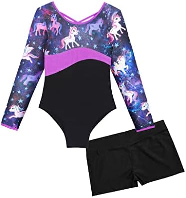 Loodgao/ детски дрехи за гимнастика за момичета, комплект от 2 теми, бански костюм с дълги ръкави и къси панталони с графичен