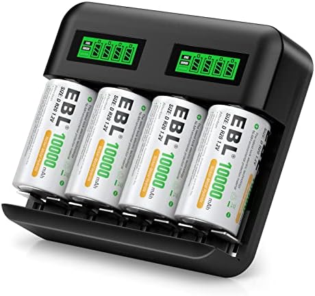 EBL LCD Аккумуляторное Зарядно устройство за Ni-MH батерии тип AA AAA, C, D, с перезаряжаемыми батерии D - 4 опаковки