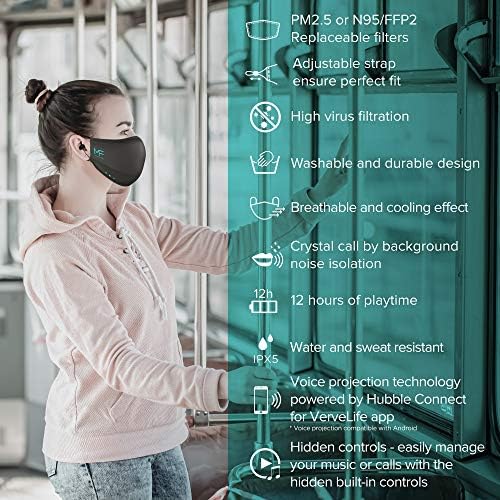 Хъбъл MaskFone, Защитна маска за лице, Безжични слушалки и микрофон, контрол на звука, Батерията 12 Часа, Съвместимост с Алекса, Маска