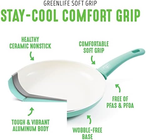 Комплект Тигани GreenLife с Керамично незалепващо покритие Soft Grip Healthy, 810 и 12, Без PFAS, Могат да се мият в съдомиялна