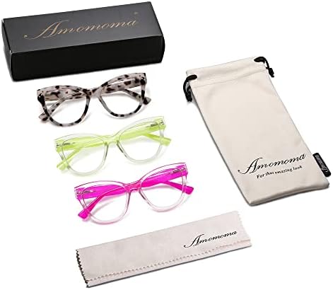 AMOMOMA, 3 опаковки, модни очила котешко око за жените, стилни компютърни ридеры в синя рамка голям размер с подсветка AM6083